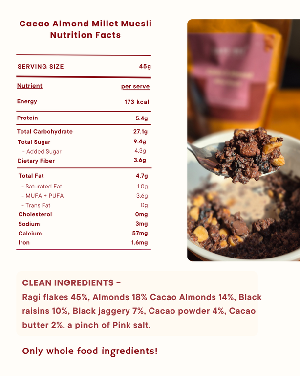Cacao Almond Ragi Millet Muesli - Sweetened with (7%) Black Jaggery